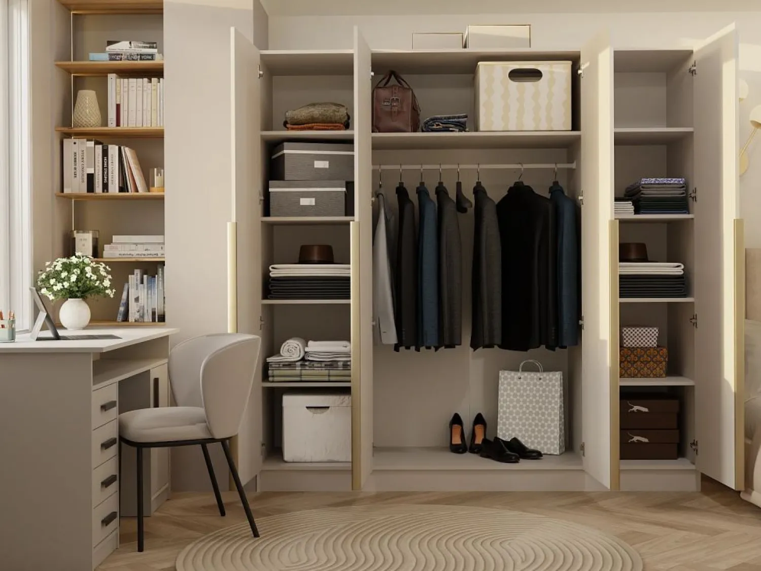 TOPESHOP SENSO - Armario cachemire – 4 puertas – 200×200 cm – Tiradores dorados – Dormitorio