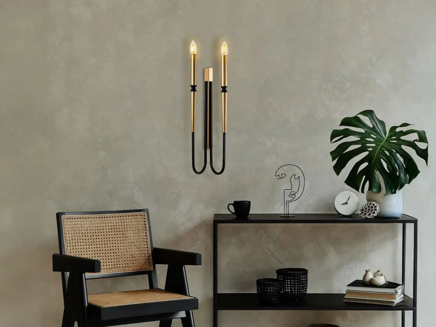 Outlet Set de 2 apliques de pared estilo candelabro de metal - Dorado y negro - Alt. 58 cm - OVYLA Aplique Para Pared