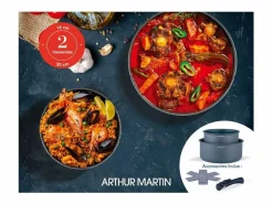 Arthur Martin Set de 2 cacerolas antiadherentes AM2984 Ø16-20 cm, mango desmontable, para todo tipo de fuegos incluyendo inducción, gris mate