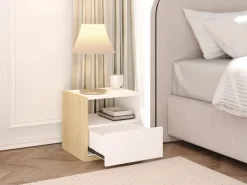 Vente-unique Set de 2 mesitas de noche con 1 cajón y 1 estante en blanco y natural - NAPOLI II