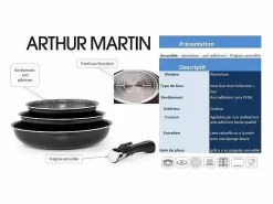 Best Arthur Martin Set de 3 sartenes 20/24/28 cm antiadherente efecto piedra, mango desmontable, para todo tipo de fuegos incluyendo inducción Negro