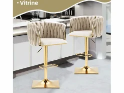 New Set de 2 Taburetes de Bar Trenzados - Patas de Metal Dorado - Reposapiés - Altura Ajustable - Giro 360° - Ideal para Cocina, Salón o Bar Muebles De Bar|Taburete Alto