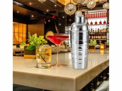 Fackelmann Set de cóctel inox 750 ml con dosificador doble cara 2/4 cl y 3 cucharas-pajitas de 18 cm