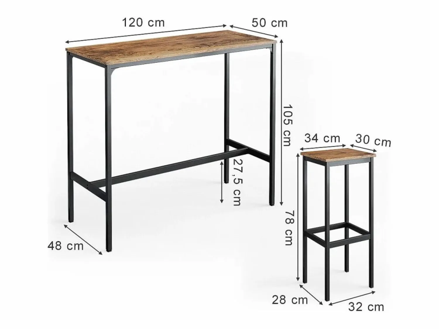 Discount Vicco Set de mesa de bar madera antigua 120x50x105 fyrk Marru00f3n