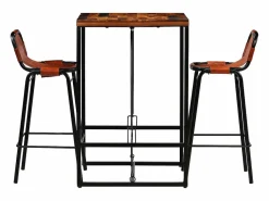 Sale Set muebles bar 3 pzas madera reciclada cuero cabra auténtico Mesa Alta