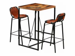 Sale Set muebles bar 3 pzas madera reciclada cuero cabra auténtico Mesa Alta