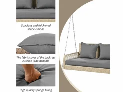 Merax Silla colgante de ratán PE 114 cm - 2 plazas - Cojín de asiento acolchado de 11 cm - Beige +