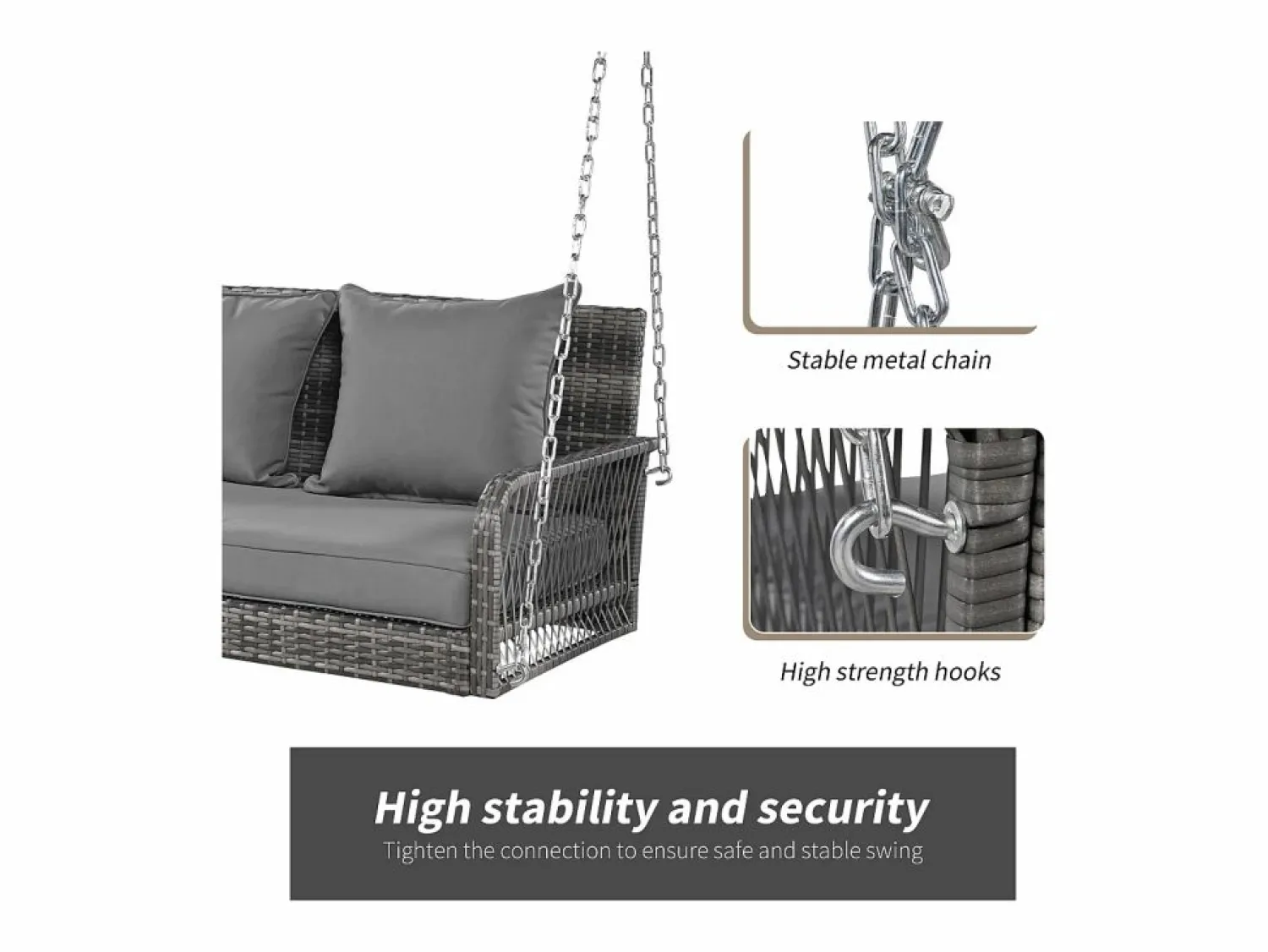 Merax Silla colgante de ratán PE 114 cm - 2 plazas - Cojín de asiento acolchado de 11 cm -