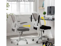 Hot Silla de escritorio reclinable giratoria ergonómica de oficina con reposabrazos, ajustable en tela, - ZIK Blanco