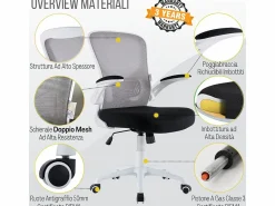 Hot Silla de escritorio reclinable giratoria ergonómica de oficina con reposabrazos, ajustable en tela, - ZIK Blanco