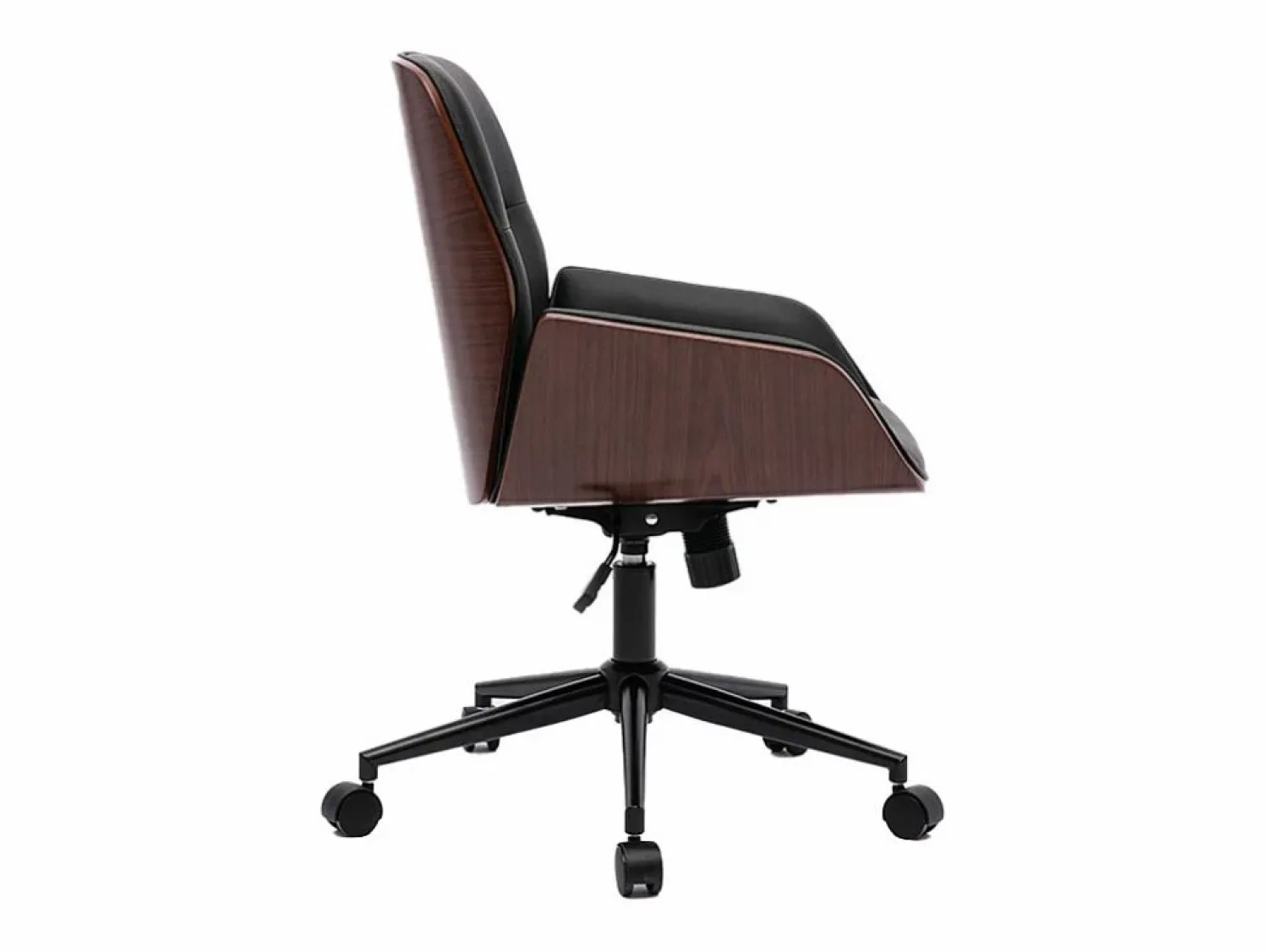 Miliboo Silla de oficina de diseño negra con ruedas, madera oscura y metal MARLOW