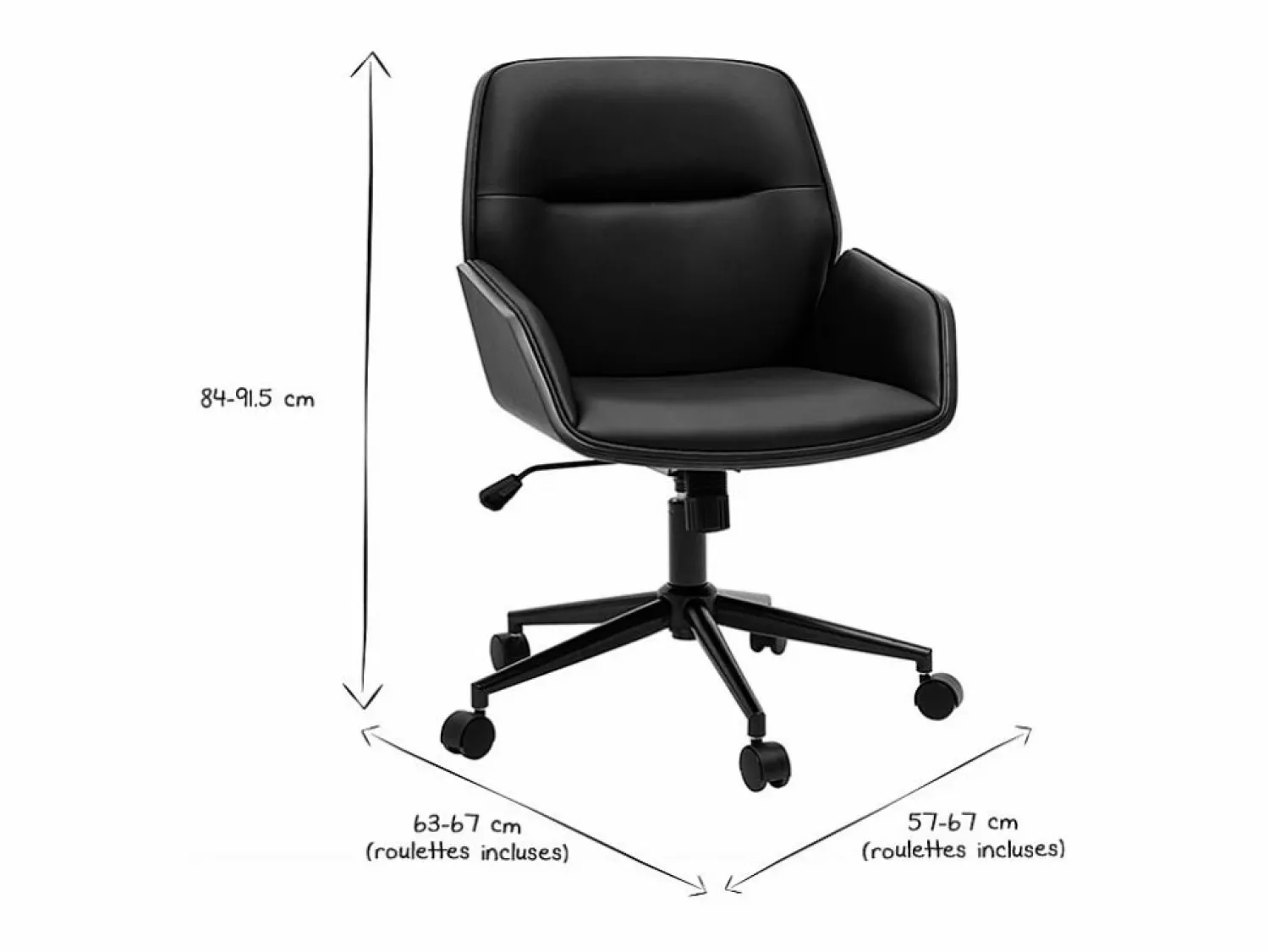 Miliboo Silla de oficina de diseño negra con ruedas, madera oscura y metal MARLOW