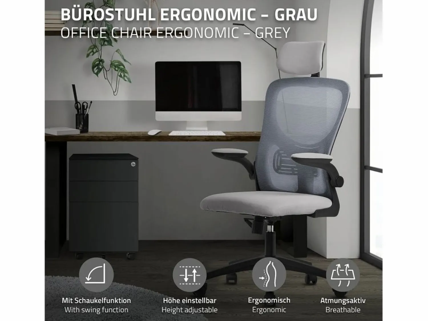 ML-DESIGN Silla de oficina ergonomica, asiento ordenador regulable con reposacabezas