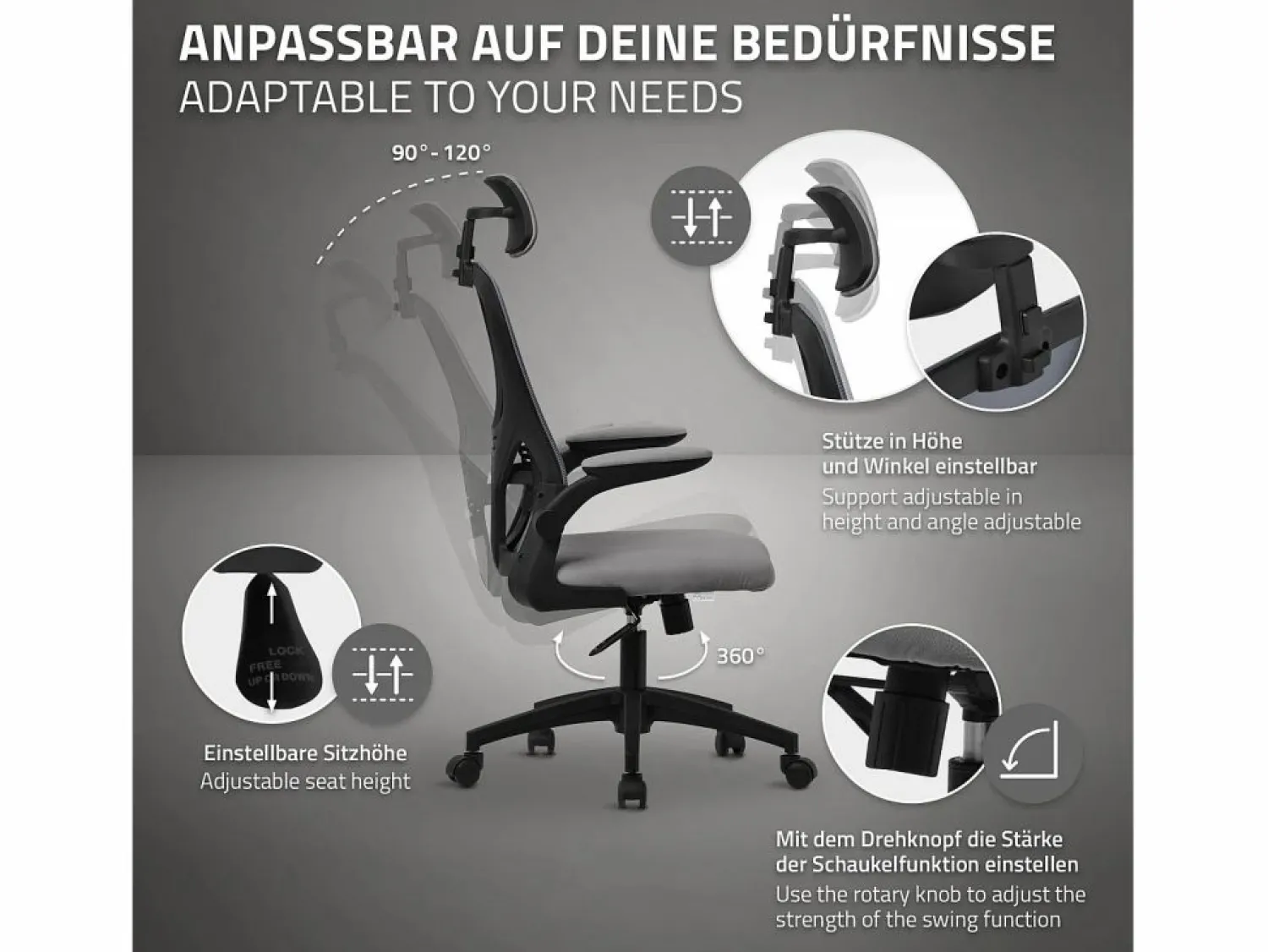 ML-DESIGN Silla de oficina ergonomica, asiento ordenador regulable con reposacabezas
