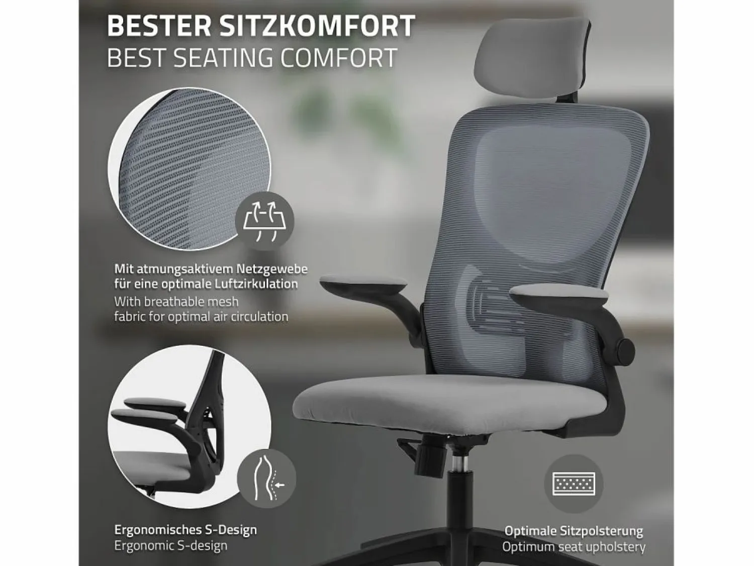 ML-DESIGN Silla de oficina ergonomica, asiento ordenador regulable con reposacabezas
