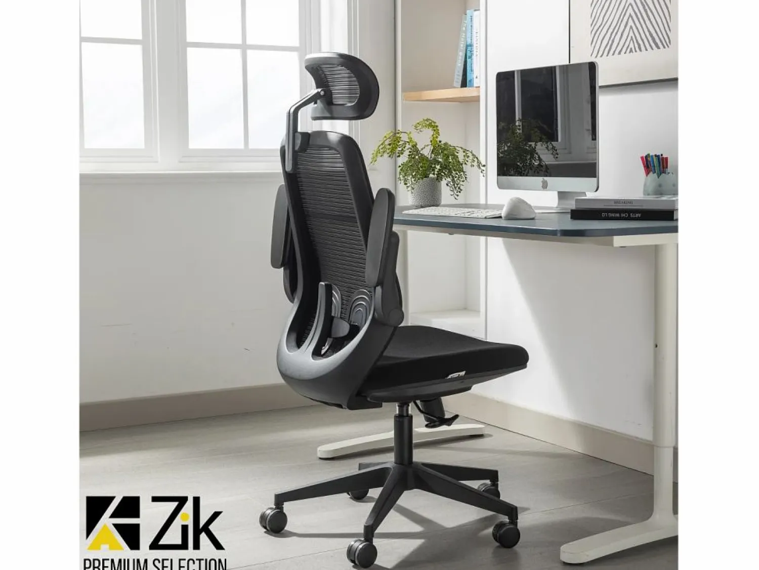 New Silla de Oficina Giratoria Ergonómica con Reposabrazos y Reposacabezas, con Apoyo Lumbar, Altura Ajustable en Tejido, Negra - ZIK Negro
