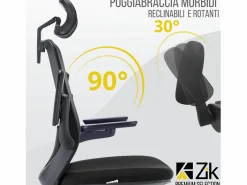 New Silla de Oficina Giratoria Ergonómica con Reposabrazos y Reposacabezas, con Apoyo Lumbar, Altura Ajustable en Tejido, Negra - ZIK Negro