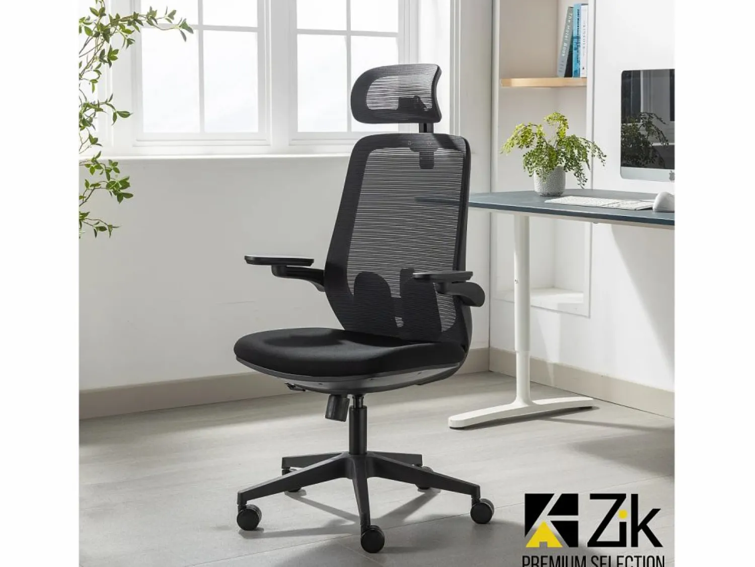 New Silla de Oficina Giratoria Ergonómica con Reposabrazos y Reposacabezas, con Apoyo Lumbar, Altura Ajustable en Tejido, Negra - ZIK Negro