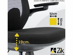 New Silla de Oficina Giratoria Ergonómica con Reposabrazos y Reposacabezas, con Apoyo Lumbar, Altura Ajustable en Tejido, Negra - ZIK Negro