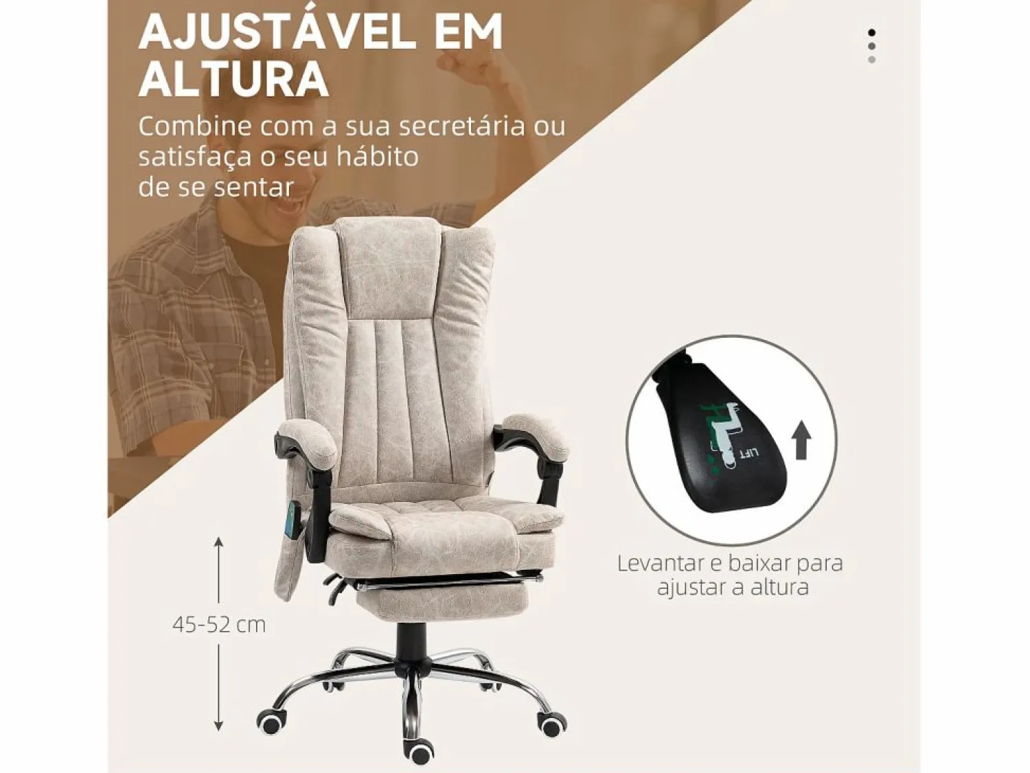 Vinsetto Silla de oficina Orquídea Homcom 6 puntos de masaje + calefacción + reposapiés crema 113-120x70x62 cm Beige