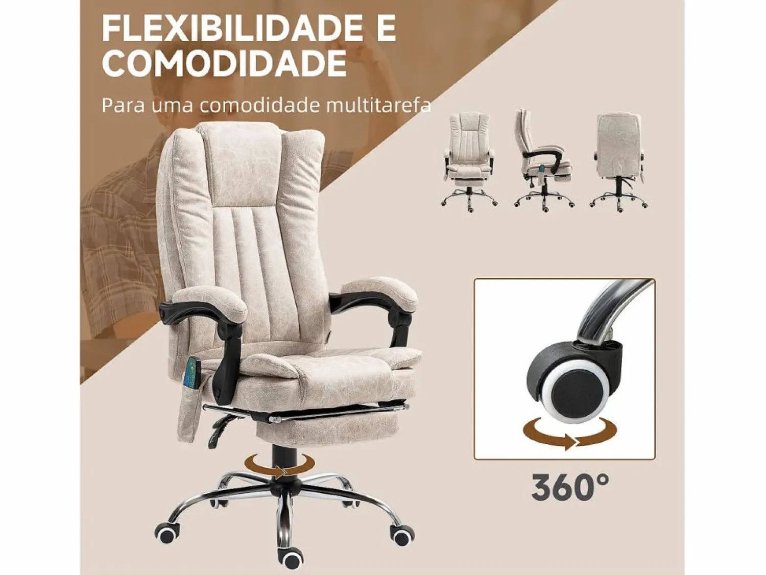 Vinsetto Silla de oficina Orquídea Homcom 6 puntos de masaje + calefacción + reposapiés crema 113-120x70x62 cm Beige