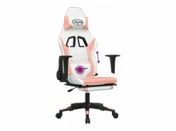 Clicnbuy Silla gaming masaje y reposapiés cuero sintético blanco y Rosa