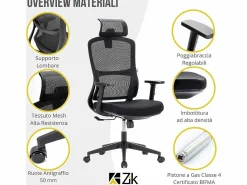 Outlet Silla giratoria de oficina ergonómica con reposabrazos, reposacabezas y soporte lumbar, ajustable, silla de escritorio de tela, - ZIK Silla De Oficina