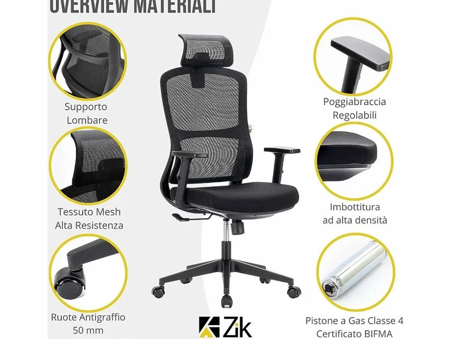 Outlet Silla giratoria de oficina ergonómica con reposabrazos, reposacabezas y soporte lumbar, ajustable, silla de escritorio de tela, - ZIK Silla De Oficina