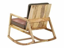New Silla mecedora de cuero auténtico y madera mango maciza marrón Sillón Balancín|Sillón De Piel