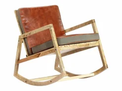 New Silla mecedora de cuero auténtico y madera mango maciza marrón Sillón Balancín|Sillón De Piel
