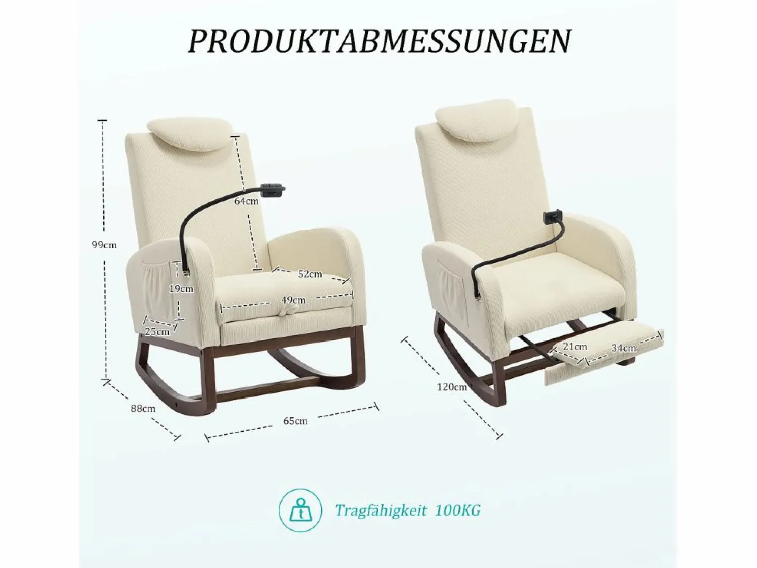 Hot Sillón Balancín con Reposapiés y Almacenamiento Lateral - Confort Ergonómico en Pana - Ideal para Salón, Oficina y Rincón de Lectura Beige