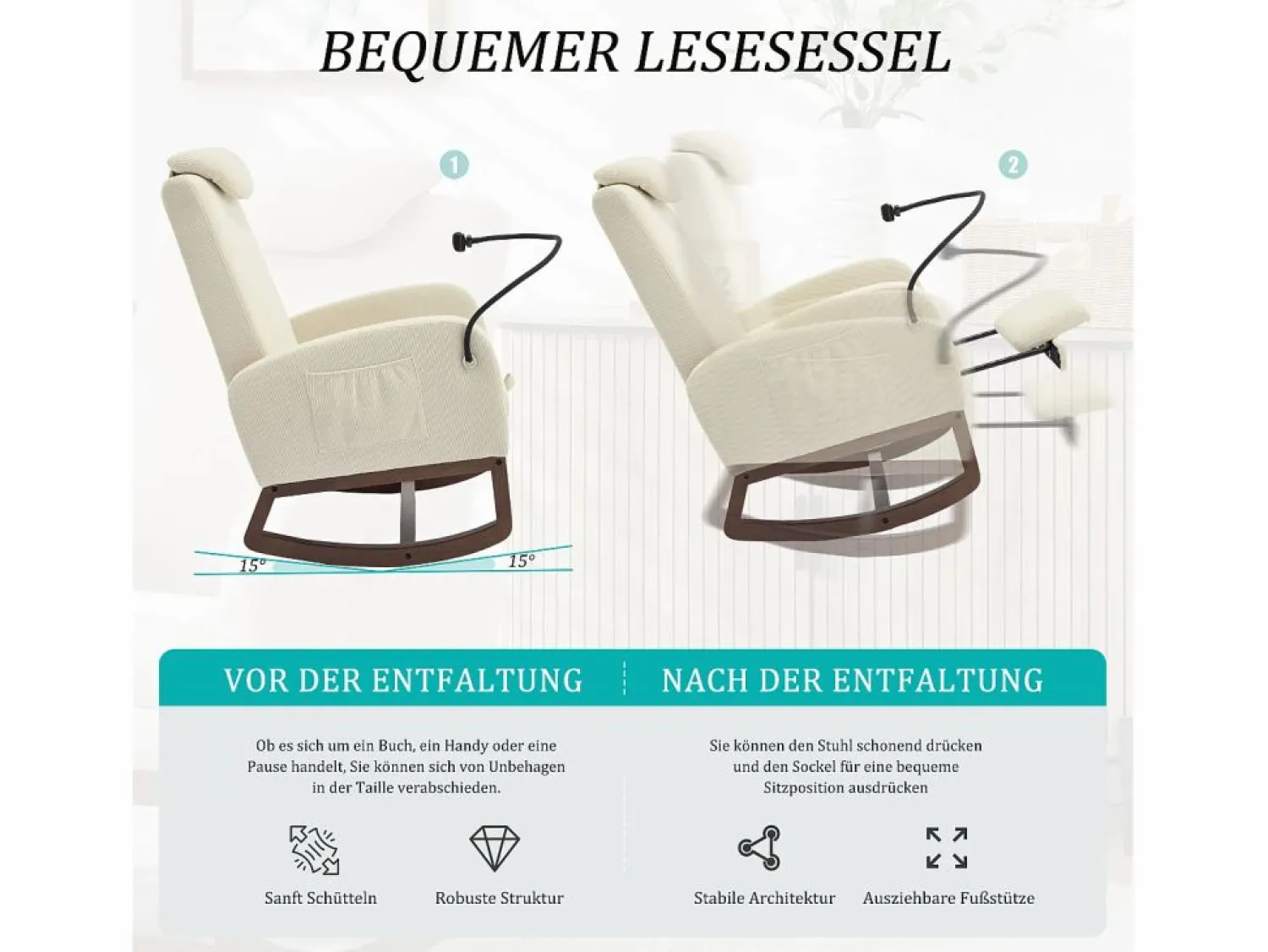 Hot Sillón Balancín con Reposapiés y Almacenamiento Lateral - Confort Ergonómico en Pana - Ideal para Salón, Oficina y Rincón de Lectura Beige