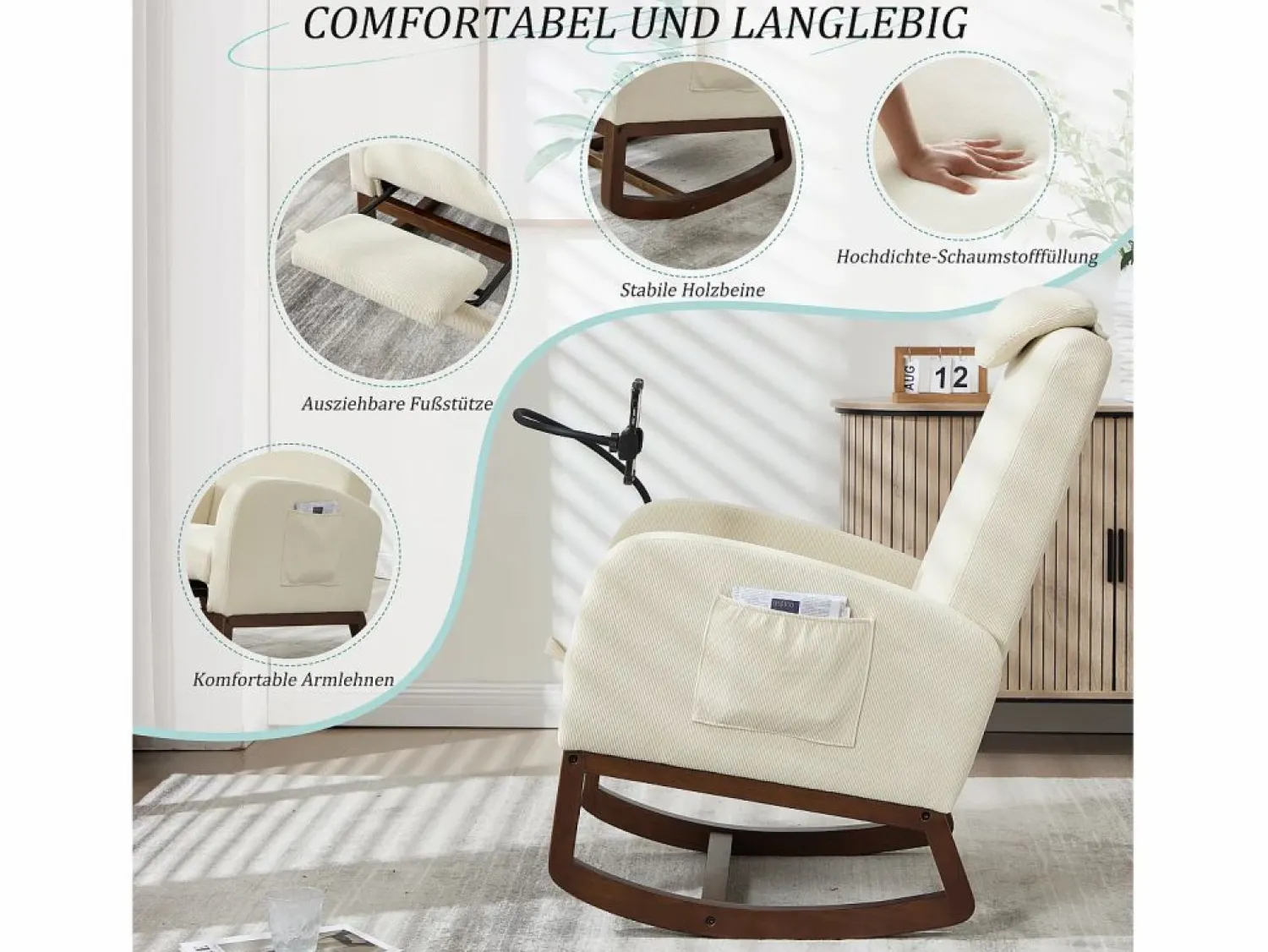 Hot Sillón Balancín con Reposapiés y Almacenamiento Lateral - Confort Ergonómico en Pana - Ideal para Salón, Oficina y Rincón de Lectura Beige