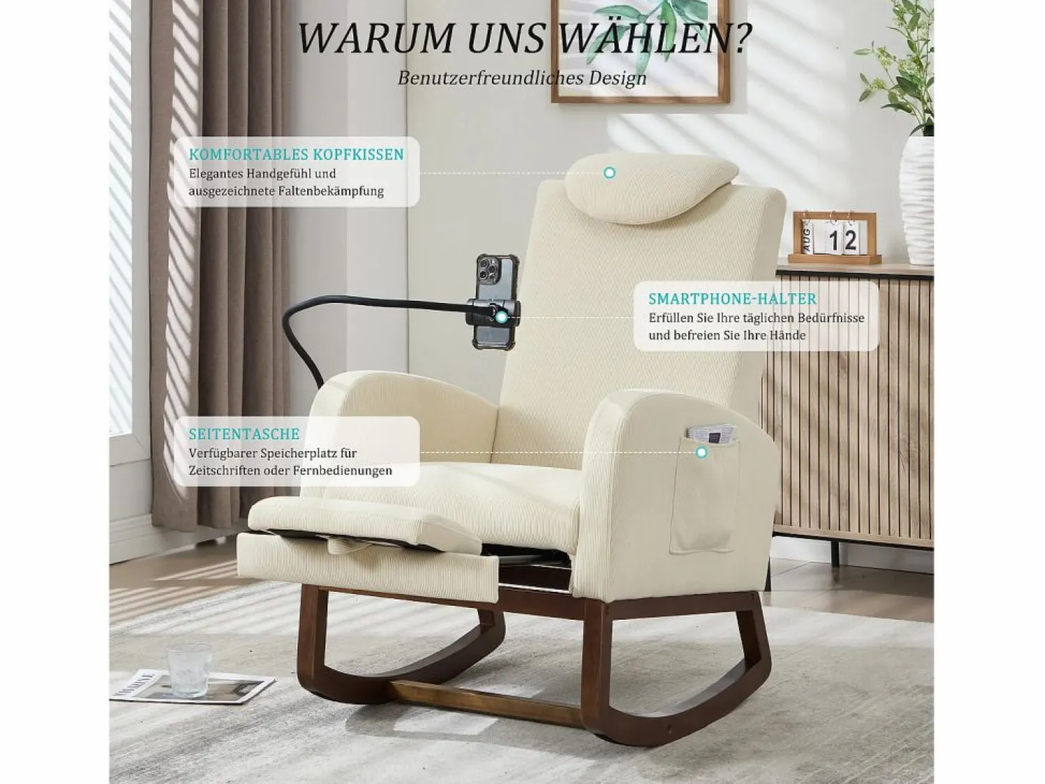 Hot Sillón Balancín con Reposapiés y Almacenamiento Lateral - Confort Ergonómico en Pana - Ideal para Salón, Oficina y Rincón de Lectura Beige
