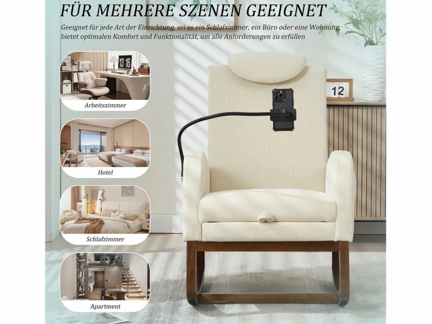 Hot Sillón Balancín con Reposapiés y Almacenamiento Lateral - Confort Ergonómico en Pana - Ideal para Salón, Oficina y Rincón de Lectura Beige