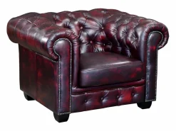 Clearance LINEA SOFA Sillón chesterfield 100% de piel color cereza BRENTON Granate
