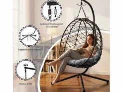Sillón colgante HOMEMIYN con cojín, silla hamaca con soporte metálico negro, cojín o beige, ideal para jardín y balcón en primavera