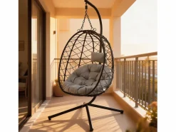 Sillón colgante HOMEMIYN con cojín, silla hamaca con soporte metálico negro, cojín o beige, ideal para jardín y balcón en primavera