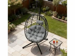 Sillón colgante HOMEMIYN con cojín, silla hamaca con soporte metálico negro, cojín o beige, ideal para jardín y balcón en primavera