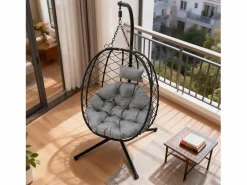 Sillón colgante HOMEMIYN con cojín, silla hamaca con soporte metálico negro, cojín o beige, ideal para jardín y balcón en primavera