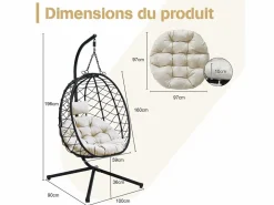 Sillón colgante HOMEMIYN con cojín, silla hamaca con soporte metálico negro, cojín gris o beige, ideal para jardín y balcón en primavera