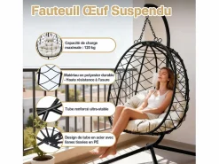 Sillón colgante HOMEMIYN con cojín, silla hamaca con soporte metálico negro, cojín gris o beige, ideal para jardín y balcón en primavera