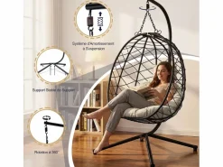 Sillón colgante HOMEMIYN con cojín, silla hamaca con soporte metálico negro, cojín gris o beige, ideal para jardín y balcón en primavera