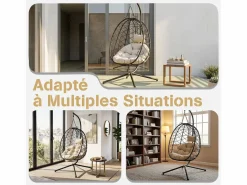 Sillón colgante HOMEMIYN con cojín, silla hamaca con soporte metálico negro, cojín gris o beige, ideal para jardín y balcón en primavera