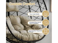 Sillón colgante HOMEMIYN con cojín, silla hamaca con soporte metálico negro, cojín gris o beige, ideal para jardín y balcón en primavera