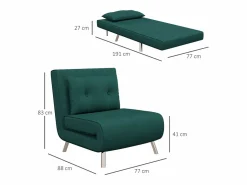 Sillón convertible 3 en 1 con cojín, tejido de terciopelo, patas de acero, oscuro (77x88x83cm)
