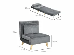Sillón convertible con cojín, respaldo regulable en 6 posiciones, terciopelo (72x78x79cm)