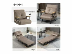 Sillón convertible con respaldo reclinable en 5 posiciones, acero, terciopelo beige claro (63x73x81cm)