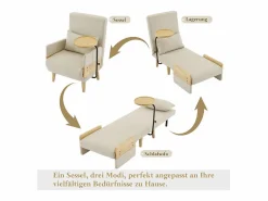 Best DripeX Sillón convertible de lino , con mesa de madera y almohada, respaldo ajustable, superficie para acostarse 180x62 cm Beige
