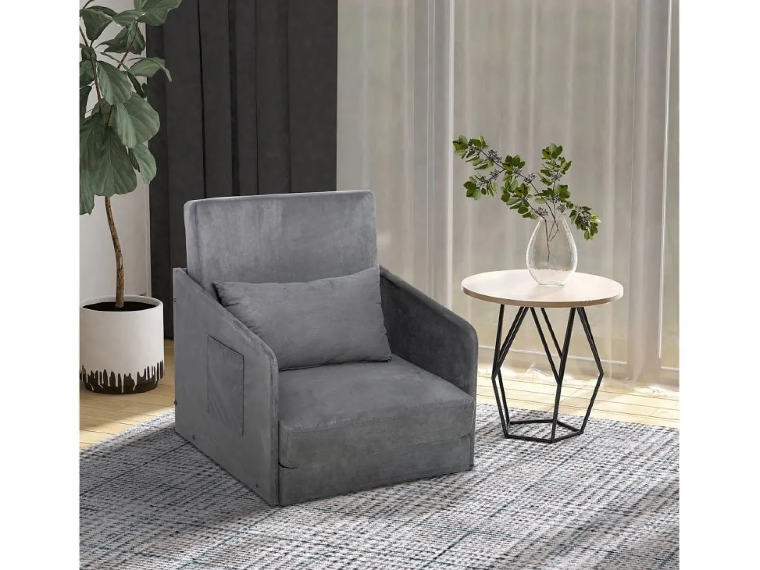 New Sillón convertible en cama, 2 bolsillos de almacenamiento, estructura de metal, poliéster, (70x76x77 cm) Sillón Cama